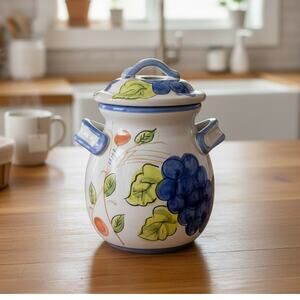 Hand-Painted Ceramic Biscotti Fruit Theme Side Handle Cookie Jar